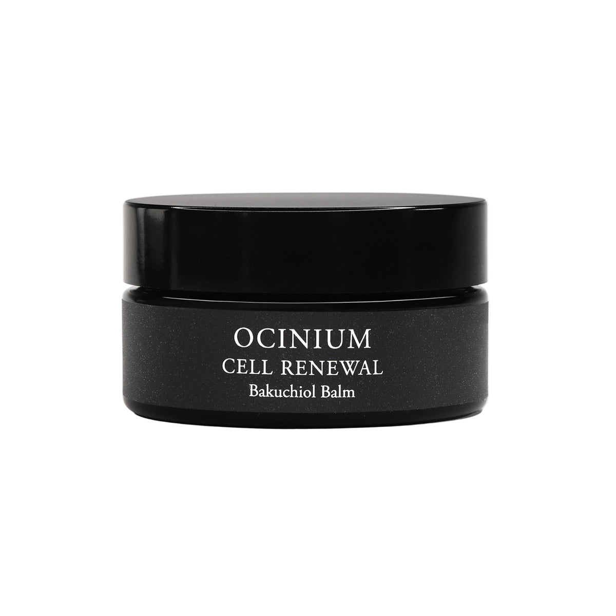 Black jar of Ocinium Cell Renewal Bakuchiol Balm on a white background