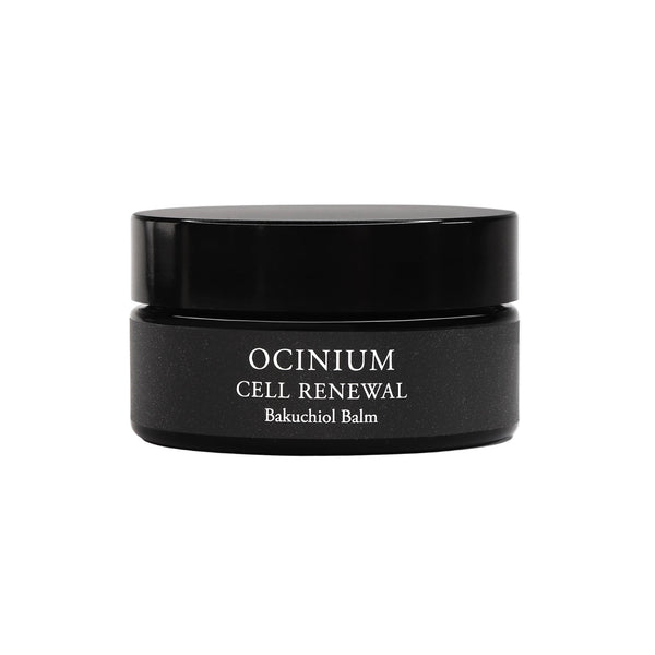 Black jar of Ocinium Cell Renewal Bakuchiol Balm on a white background